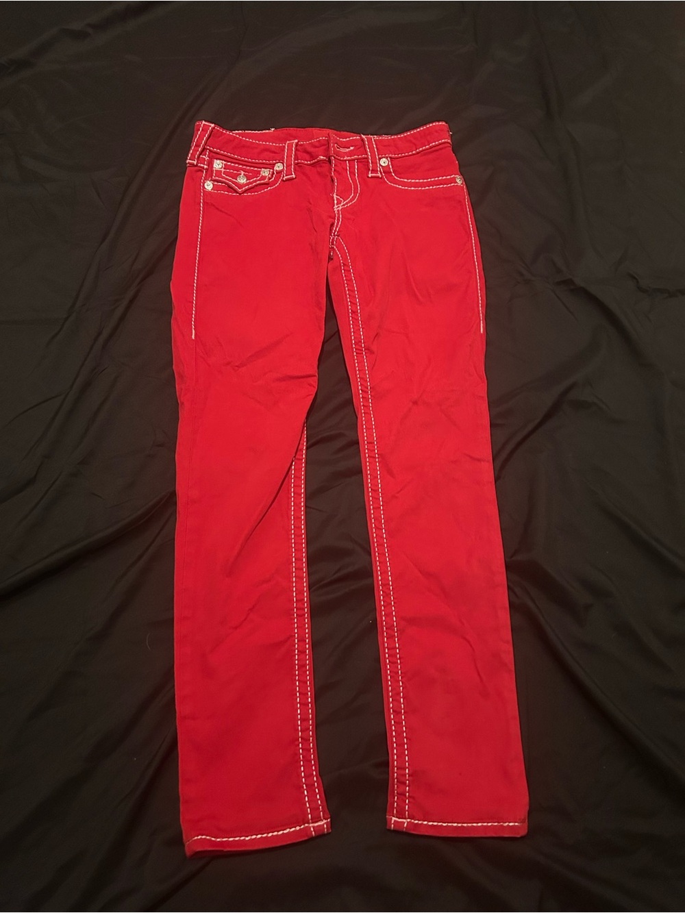 True Religion Women’s Red Skinny Jeans with Contrast White Stitching
